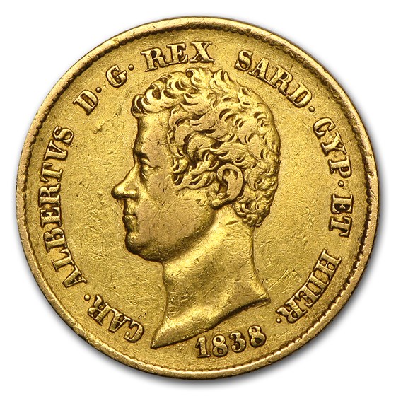 1831-1849 Sardinia Gold 20 Lire Carlo Alberto Avg Circ 1831-1849 Sardinia Gold 20 Lire Carlo Alberto Avg Circ